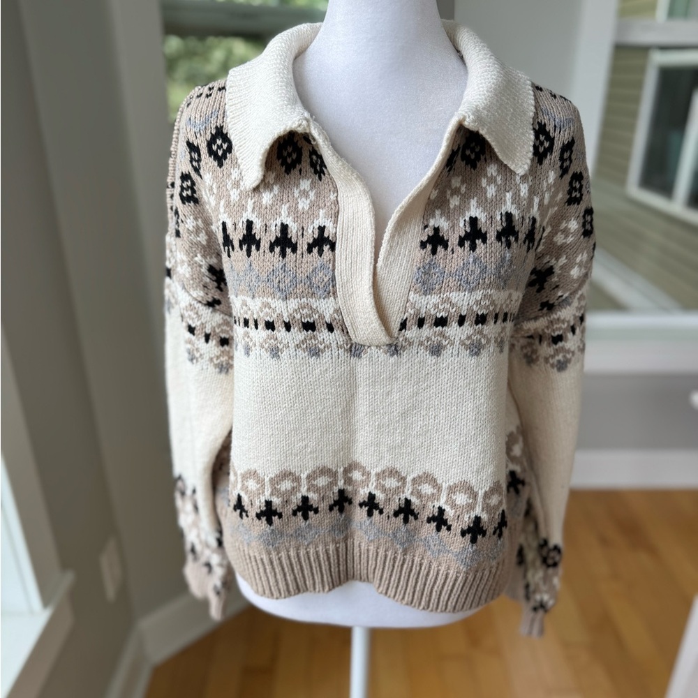 Marled Cropped V-Neck Polo Fair Isle Sweater in Neutral Cream and Brown Cozy